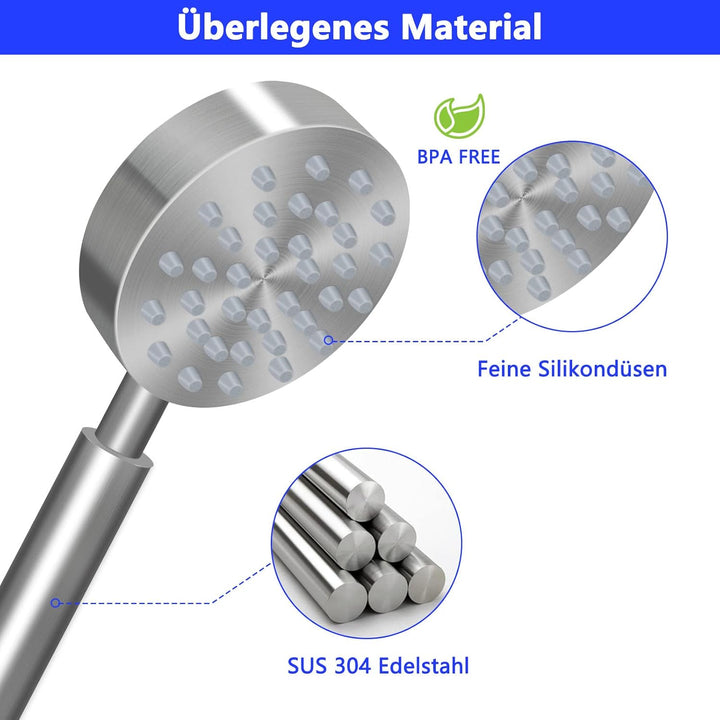 Duschkopf Edelstahl Gebürstet, Duschbrause Wassersparend, Brausekopf Hochdruck, Shower Head Handbrau