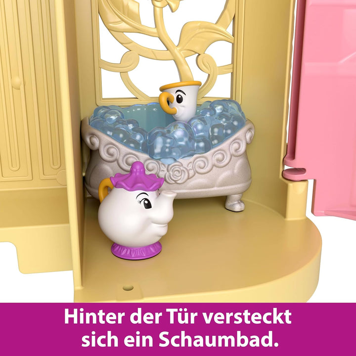 Mattel Disney Prinzessin-Spielzeug, Belles Stapelschloss Puppenhaus-Spielset mit kleiner Puppe und 9