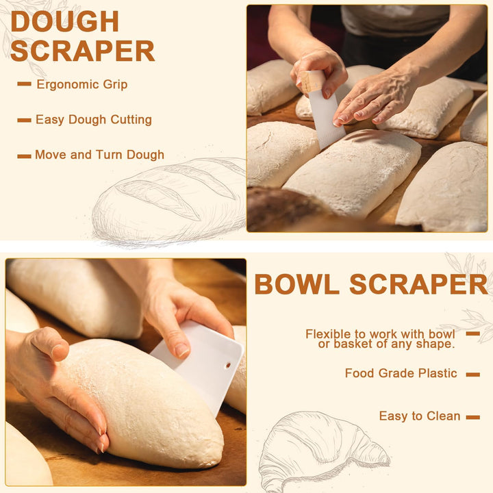 25 teilig Gärkorb Brot Set, 23 cm Gärkörbchen rund und Komplettset Brotbackzubehör, Brotbackset Brot
