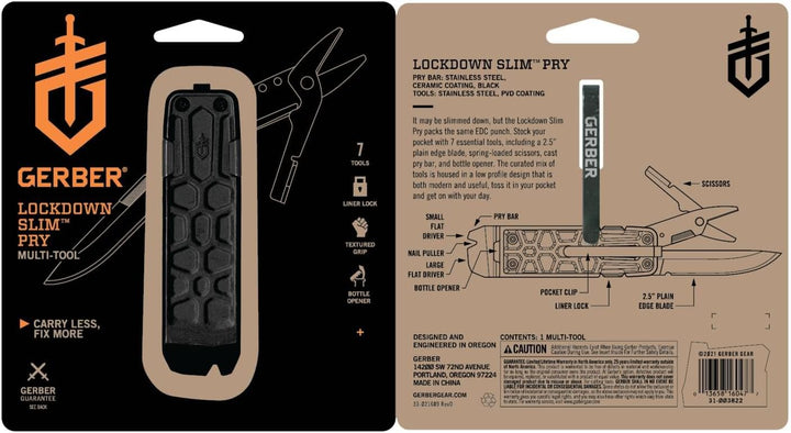 Gerber Multi-Tool mit 7 Funktionen, Messer mit glatter Klinge und Gürtelclip, Lockdown Slim Pry, Gus