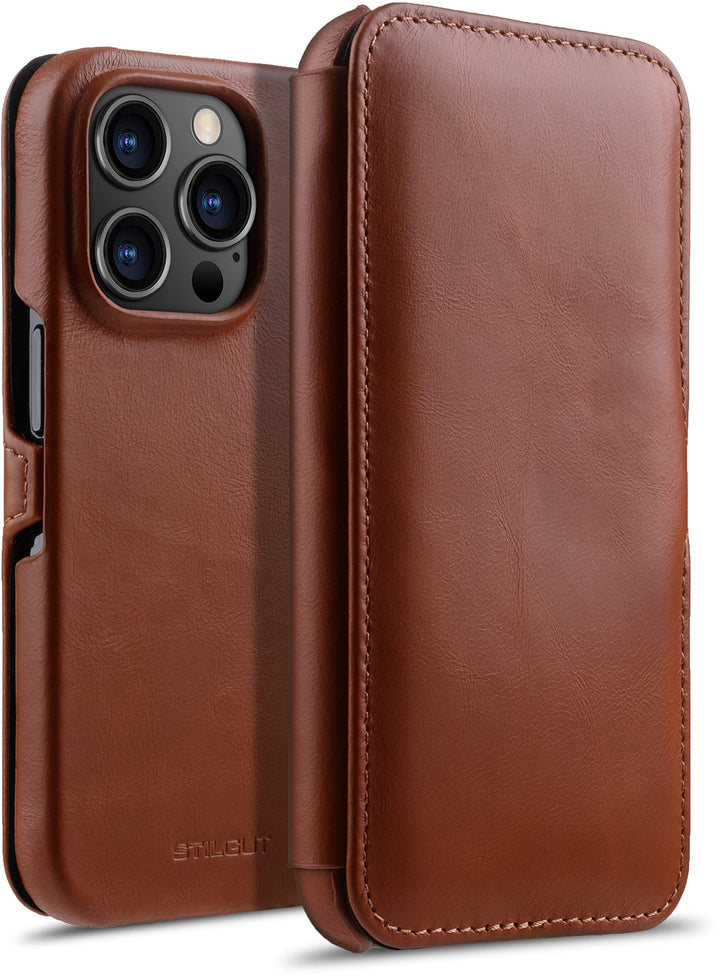 STILGUT Book Case kompatibel mit iPhone 14 Pro (6.1“) Hülle aus Leder mit Clip-Verschluss, Klapphüll