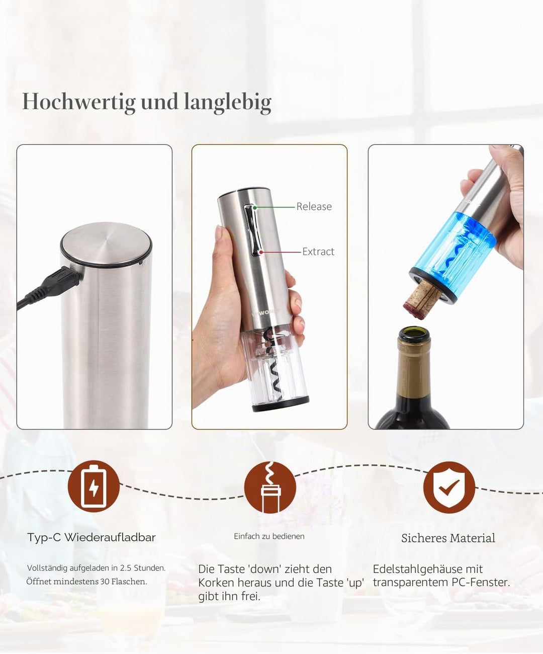 WIWONEY Elektrischer Korkenzieher, Low Noise Kleine Grösse Edelstahl, Wiederaufladbarer Elektrischer