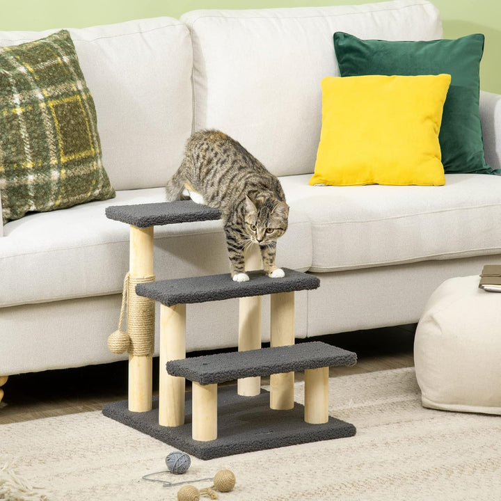 PawHut Katzentreppe 3-stufige Tiertreppe, 48 cm Haustiertreppe mit Sisalsäule, Hundetreppe mit Spiel