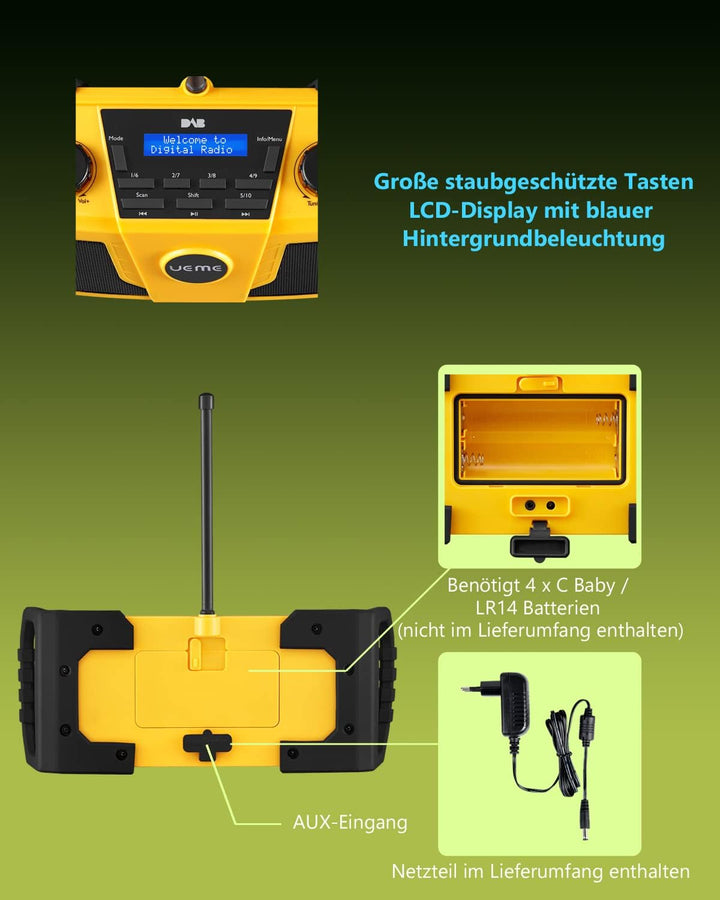 UEME Baustellenradio DAB+ DAB FM Radio, Digitalradio mit Bluetooth und Wecker und Dimmer, Robustes D