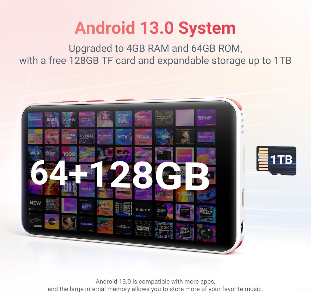 192GB MP3 Player mit Bluetooth und WiFi, Android 13.0, RAM:4GB, 4.0" HD MP4 Player Touchscreen und L