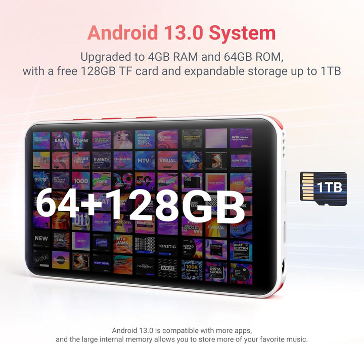 192GB MP3 Player mit Bluetooth und WiFi, tragbarer Spotify MP3-Player mit Android 13.0, RAM:4GB, Oil