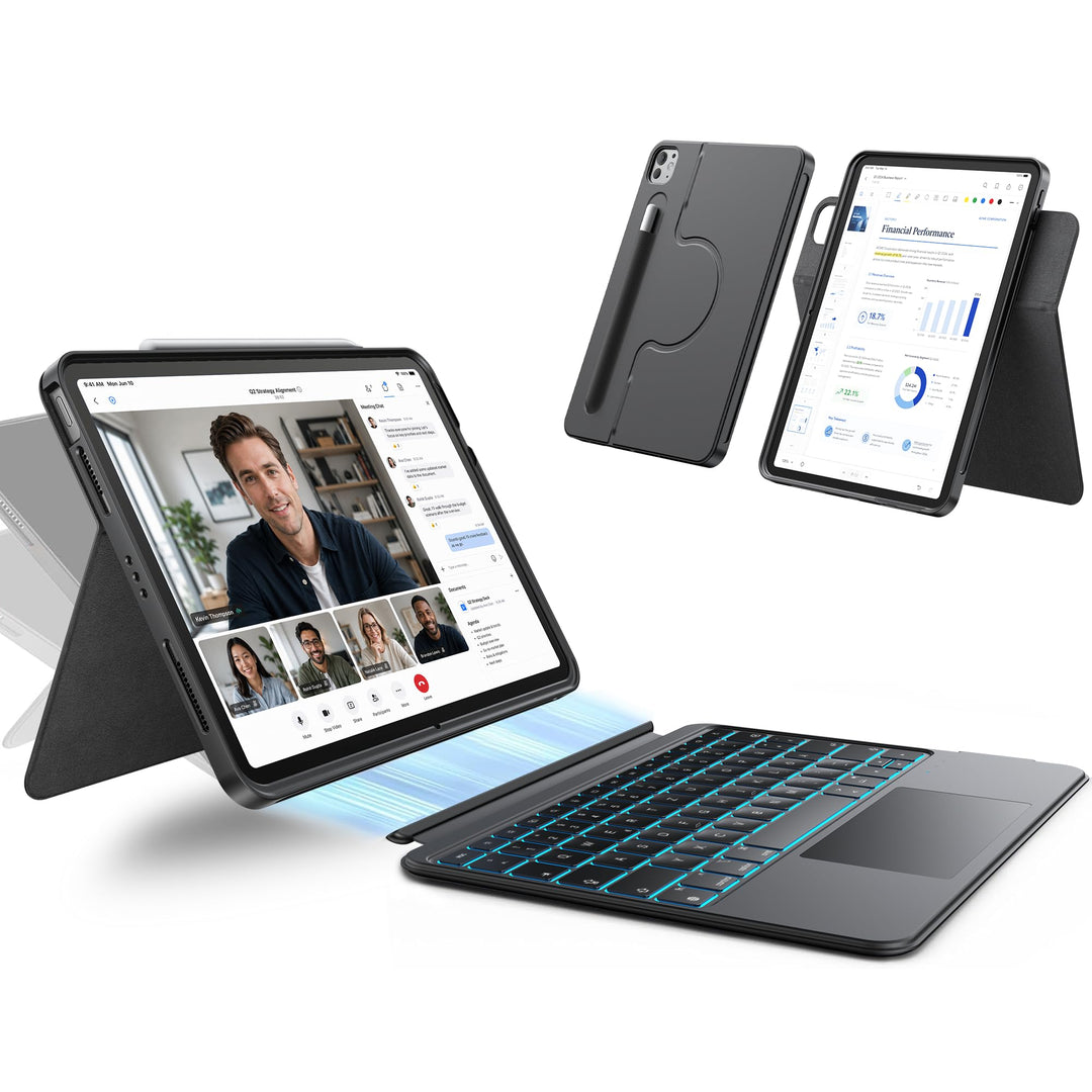 HOU 360° Drehbare & Abnehmbare Hülle mit Tastatur für iPad A16 11/10, 155° Verstellbarer Ständer, Ha