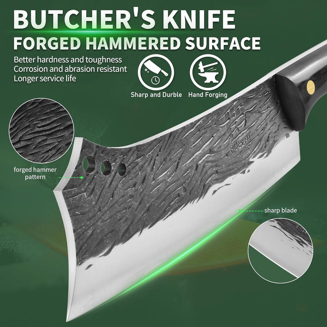 FULLHI Butcher Knife Hand geschmiedet schwere Fleischbeil Kochmesser mit Scheiden schwarz High Carbo