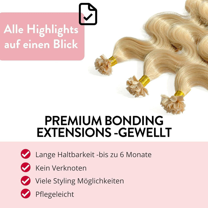 hair2heart Premium Extensions Echthaar Bondings Gewellt - 25 Strähnen 1g 60cm 9/31 lichtblond gold-a