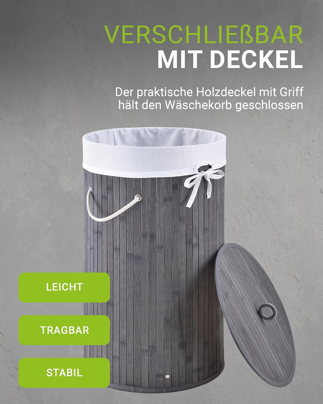 Juskys Bambus Wäschekorb Curly-Round Grau 55L - Hygienischer & Faltbarer Wäschekorb mit Deckel, Trag