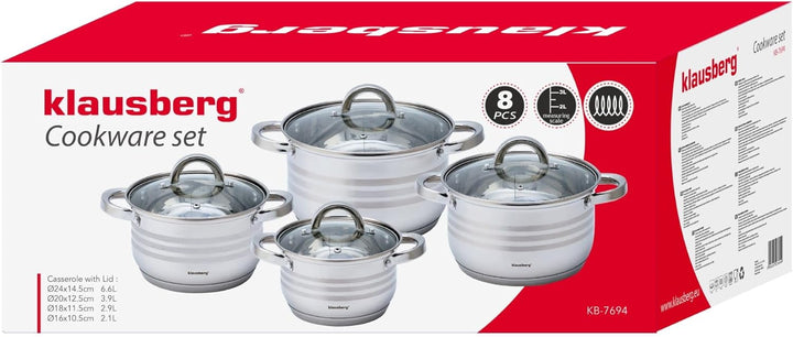 8-teilig Edelstahl Kochtopf Set Topfset mit Glasdeckel Topfe Induktion KLAUSBERG KB-7694