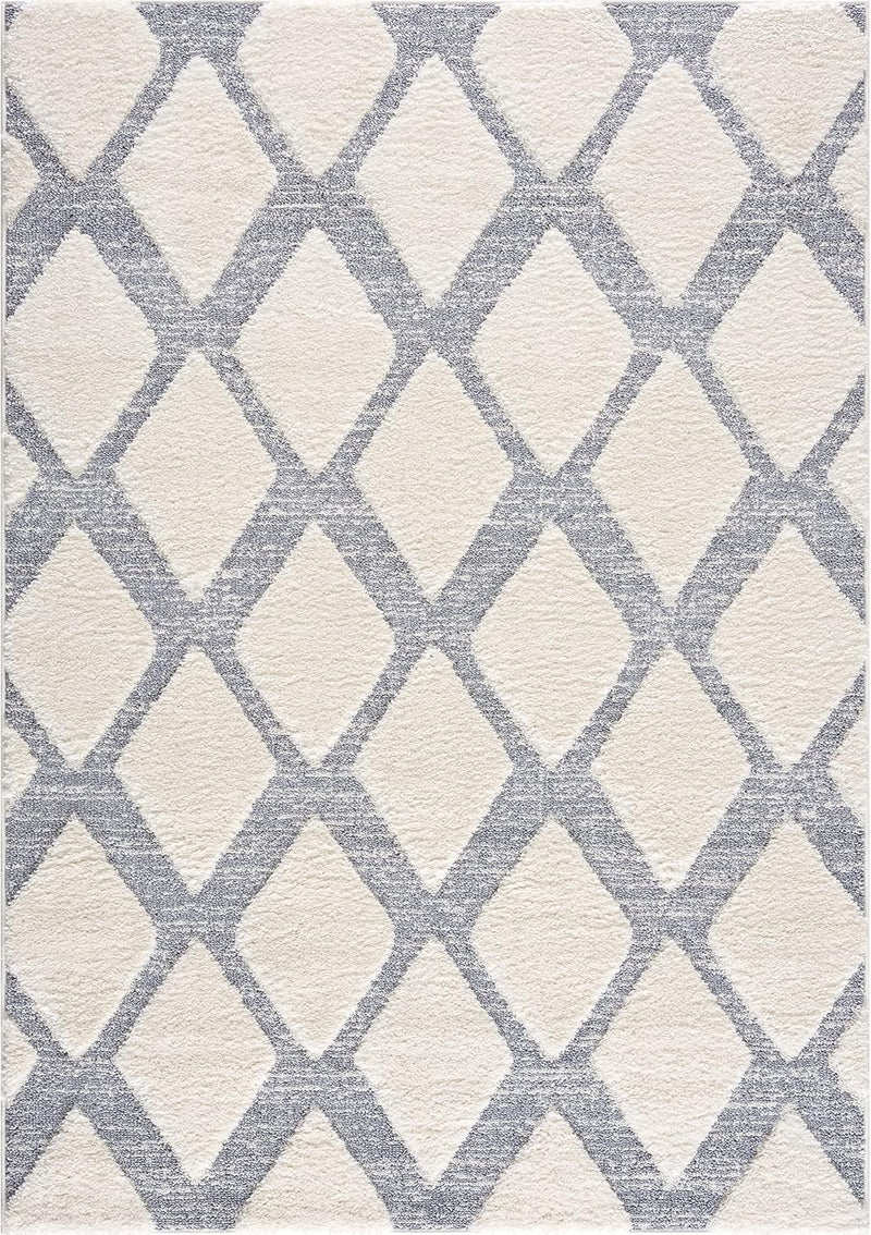 payé Teppich Wohnzimmer Hochflor - Boho - Skandinavisch - 120x170cm - Pastell Creme Grau - Raute Mus