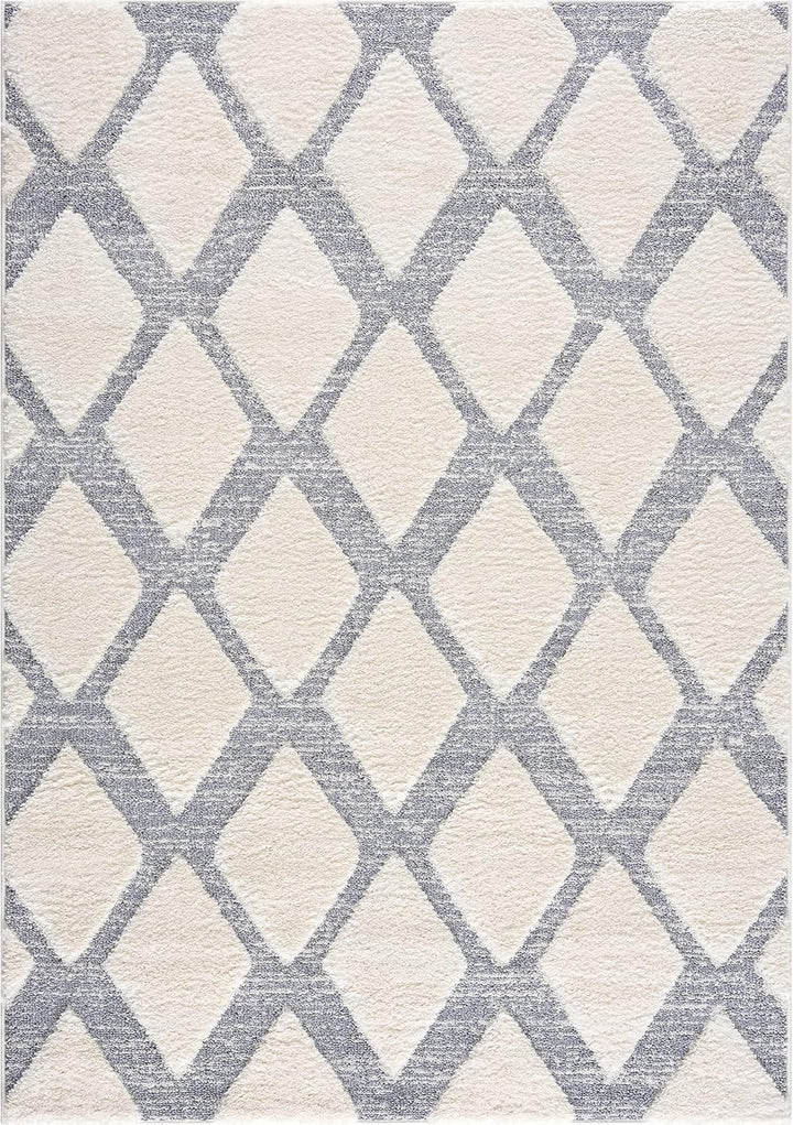 payé Teppich Wohnzimmer Hochflor - Boho - Skandinavisch - 120x170cm - Pastell Creme Grau - Raute Mus