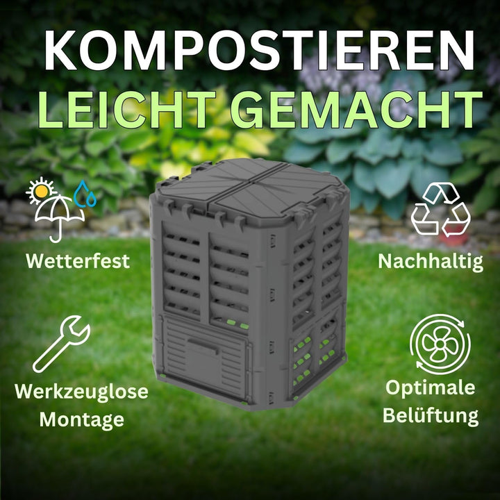 ViD Komposter 300 Liter Schwarz 71x71x79,5cm, Garten Schnellkomposter, Robust, Witterungsbeständig,