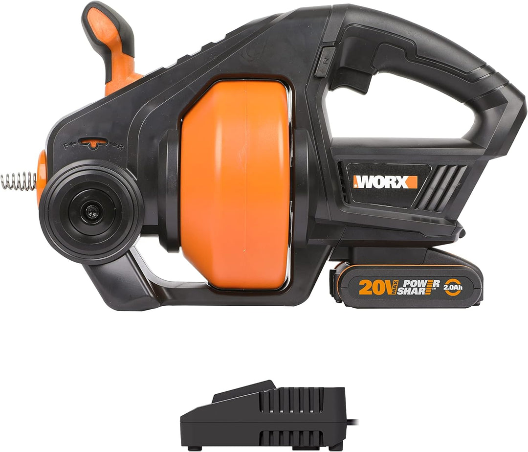 WORX Akku Abflussreiniger 18V(20V Max) PowerShare, 7,6 m Teleskopspirale, entstopft Rohre von 19-76