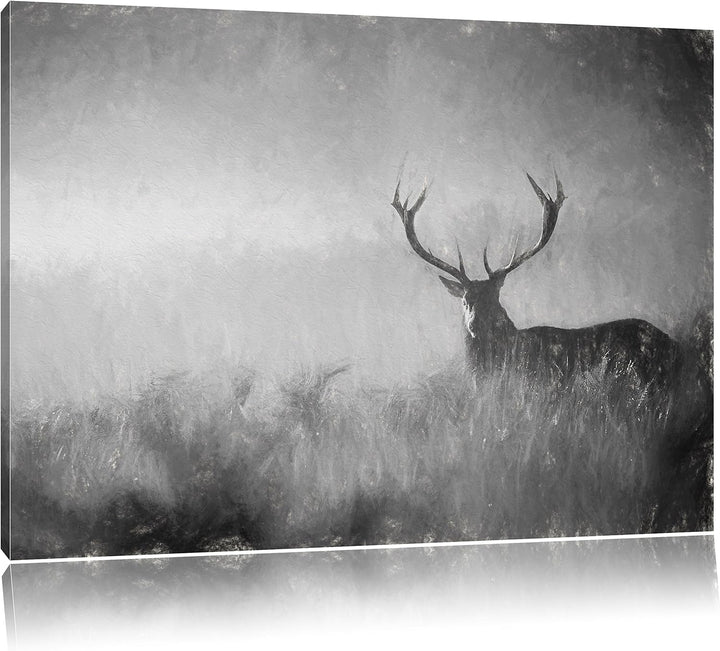 Pixxprint Rotwild Hirsch im Nebel Kunst als Leinwandbild/Grösse: 100x70 cm/Wandbild/Kunstdruck/ferti