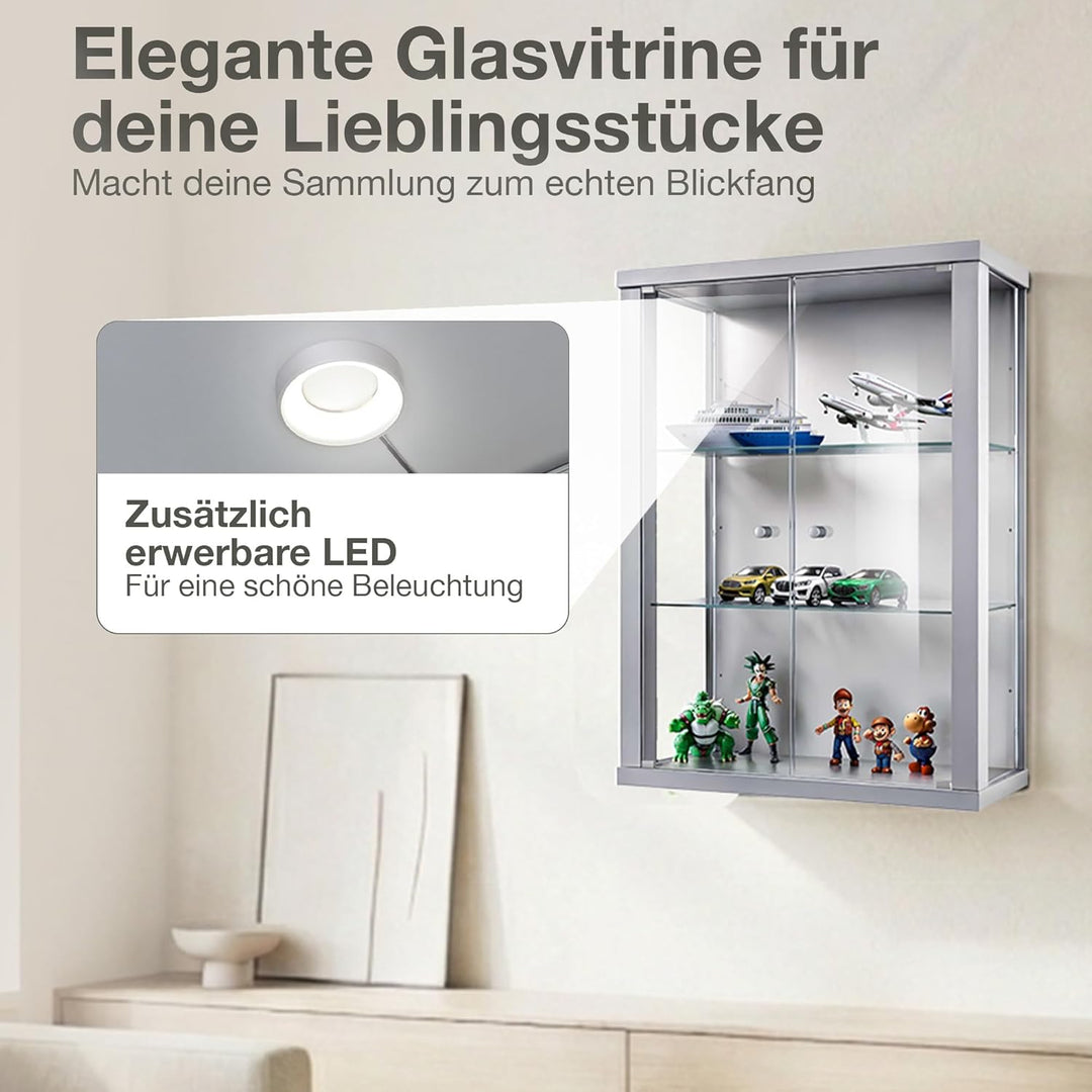 K-Möbel Hängevitrine Glas in Alu/Silber (80x60x25 cm) mit 2 höhenverstellbaren Glasböden - Modellaut