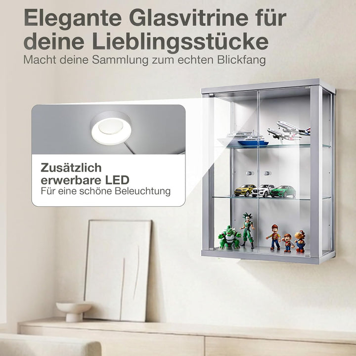 K-Möbel Hängevitrine Glas in Alu/Silber (80x60x25 cm) mit 2 höhenverstellbaren Glasböden - Modellaut