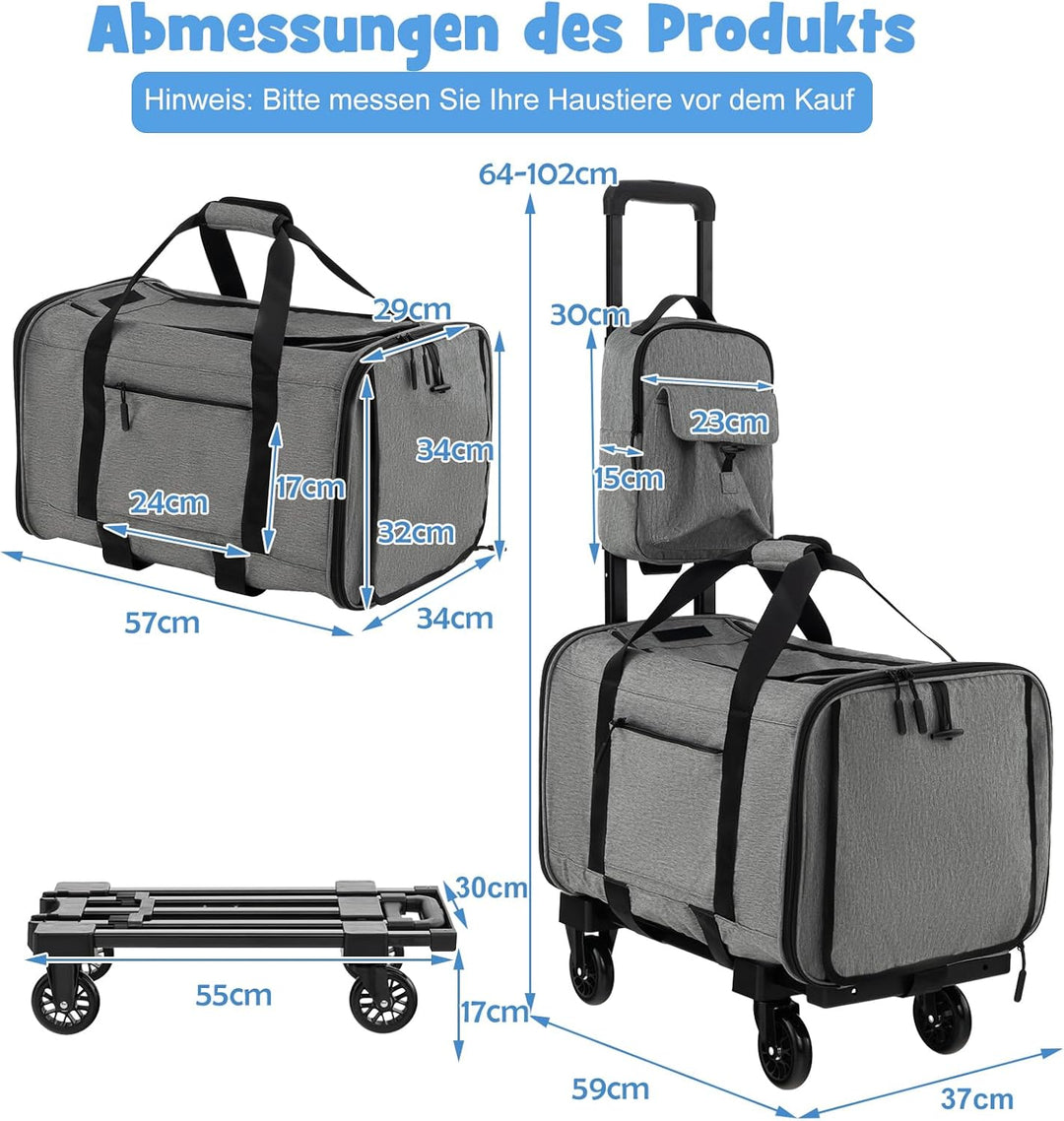 SORAS Transportbox Katze 57 x 34 x 34 cm, Flatbare Transporttasche für Hund mit Rädern, Teleskopgrif