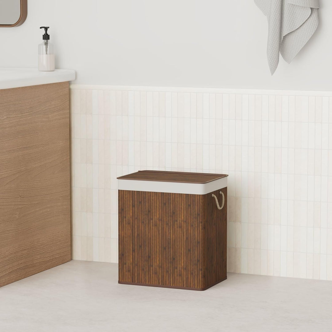 PANA®ECO Bambus Wäschekorb mit Deckel (72 L) • Wäschebox mit herausnehmbaren Wäschesack • Faltbarer