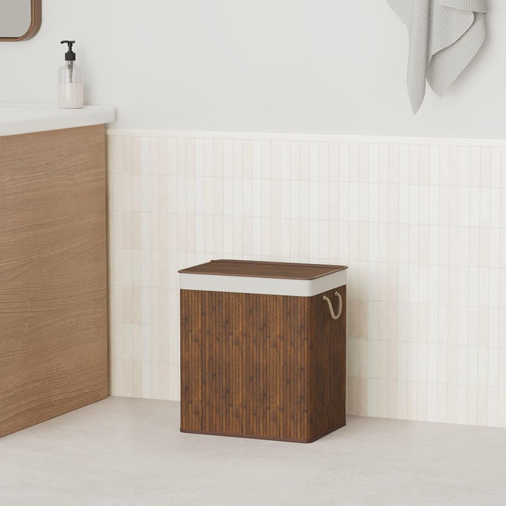 PANA®ECO Bambus Wäschekorb mit Deckel (72 L) • Wäschebox mit herausnehmbaren Wäschesack • Faltbarer