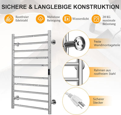 RELAX4LIFE Elektrischer Badheizkörper 860 x 530mm Handtuchwärmer mit LCD-Anzeigebildschirm Timer-Fun