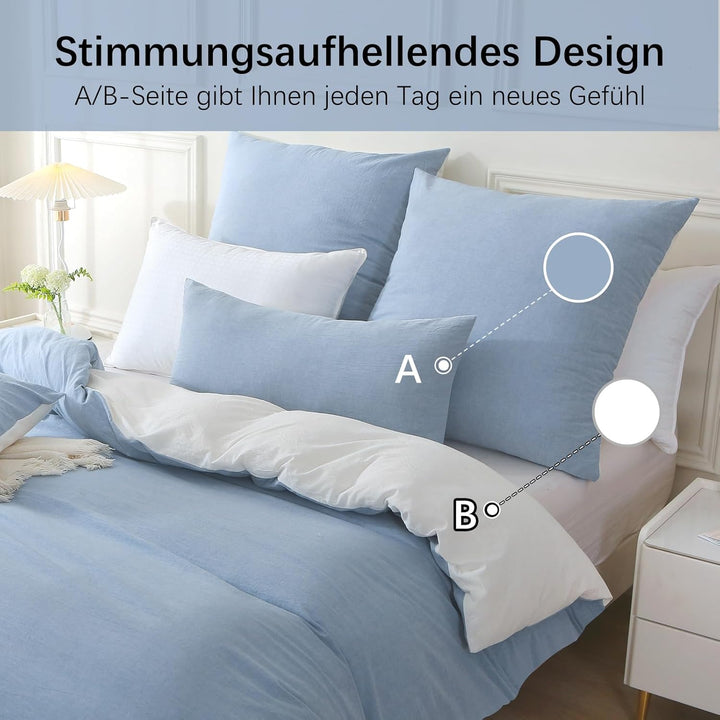 MILDLY Bettwäsche 220x240 Baumwolle, Bettwäsche-Sets Haiya Blau 3 Teilig mit Reissverschluss Ähnlich
