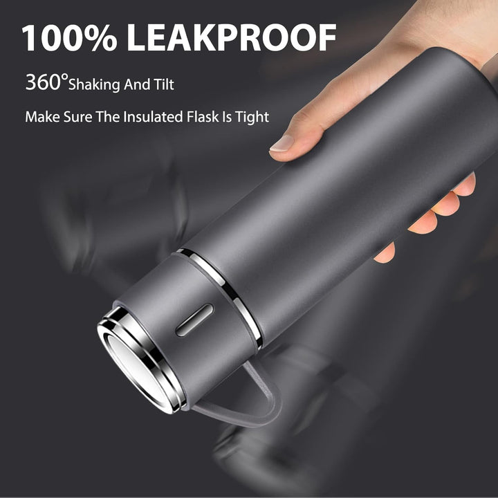 Thermosflasche 500ml mit Becher und Griff, Trinkflasche Edelstahl, Auslaufsichere Isolierflasche für