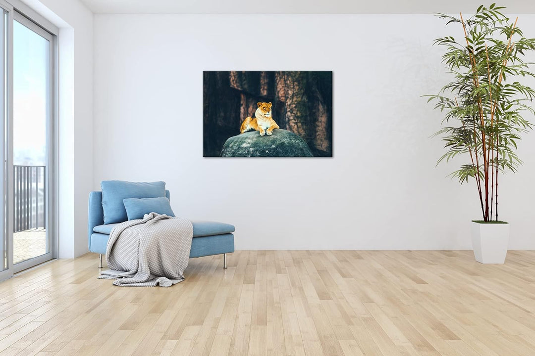 deyoli erhabene stolze Löwin Format: 100x70 als Leinwand, Motiv fertig gerahmt auf Echtholzrahmen, H