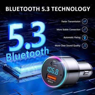 LENCENT Bluetooth FM Transmitter, Bluetooth 5,3 KFZ Auto Radio Bluetooth Adapter, Autoladegerät Ziga