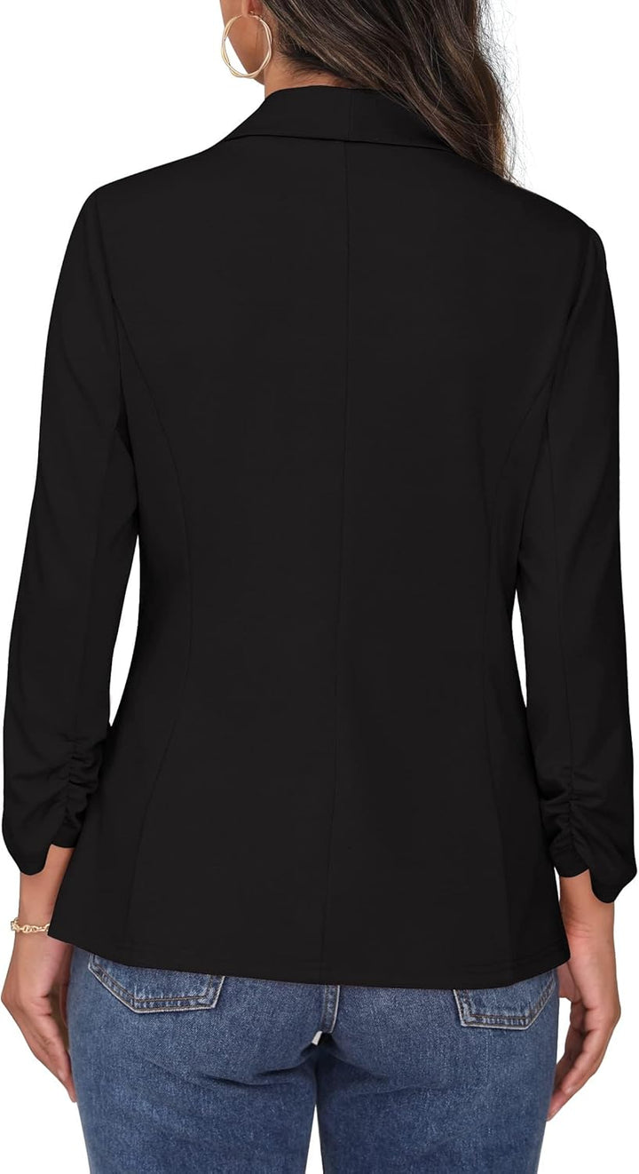 PrinStory Blazer Für Damen 3/4 Geraffte Ärmel Blazer Geschäft Büro Blazer Anzug Sportlich Jack Trenc