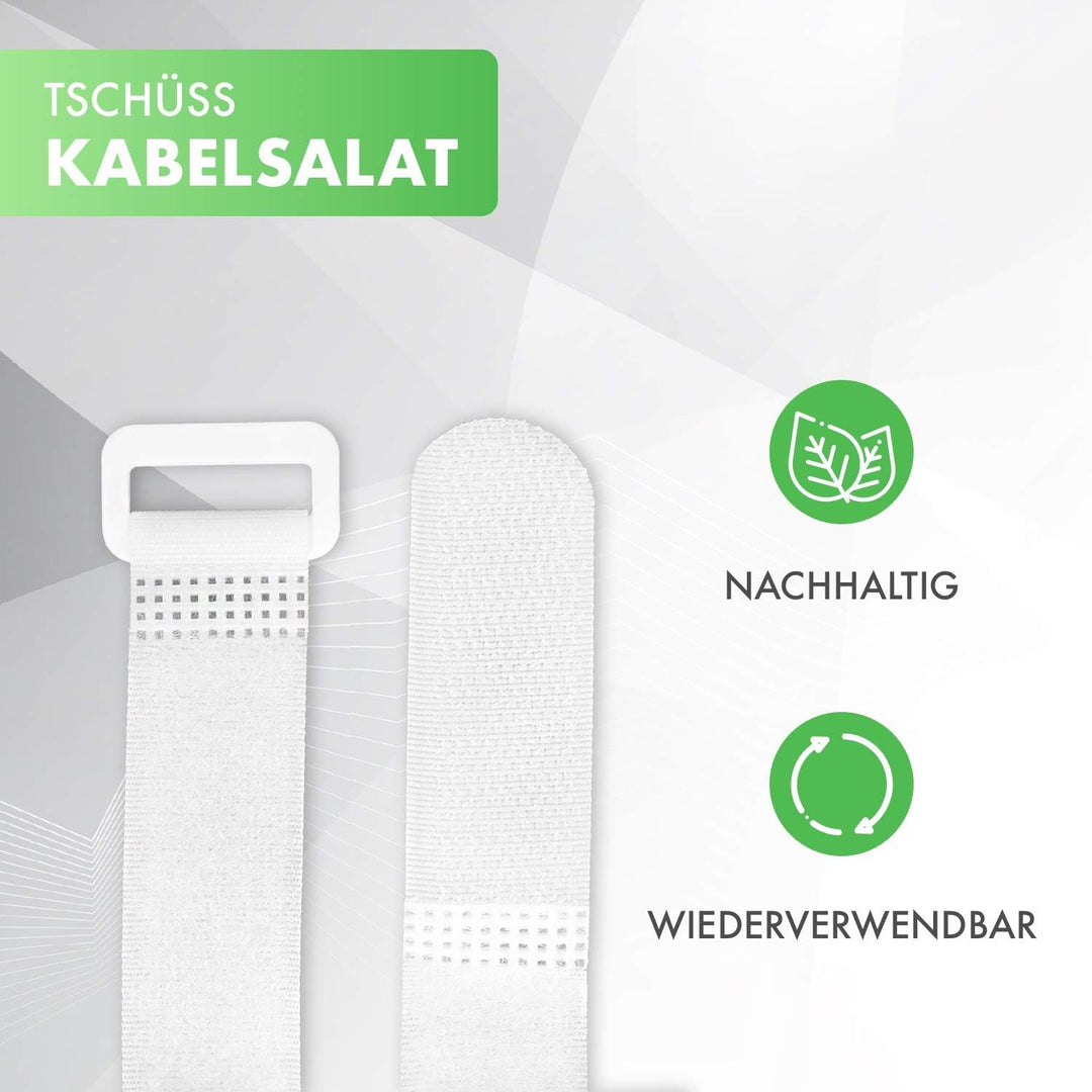 25x Klett Kabelbinder 30 cm - weiss mit Schnalle - wiederverschliessbares Klettband 30cm mit Öse - f