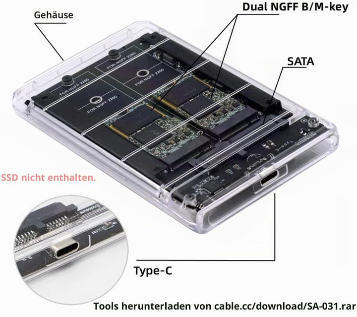 NFHK Dual NGFF B+M-Key M.2 SSD Karte JOBD Raid0 Span Bridge zu USB3.0 Typ-C USB-C 2.5Zoll SATA Combo