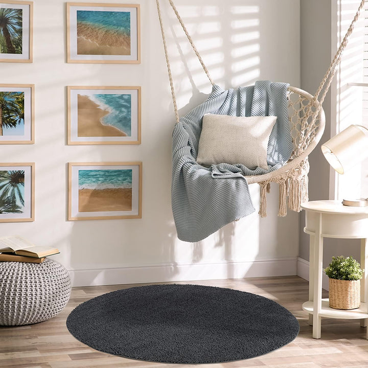 payé Teppich Rund - Hochflor Shaggy - Anthrazit -160x160cm - Einfarbig Soft Weich Schlafzimmer Kinde