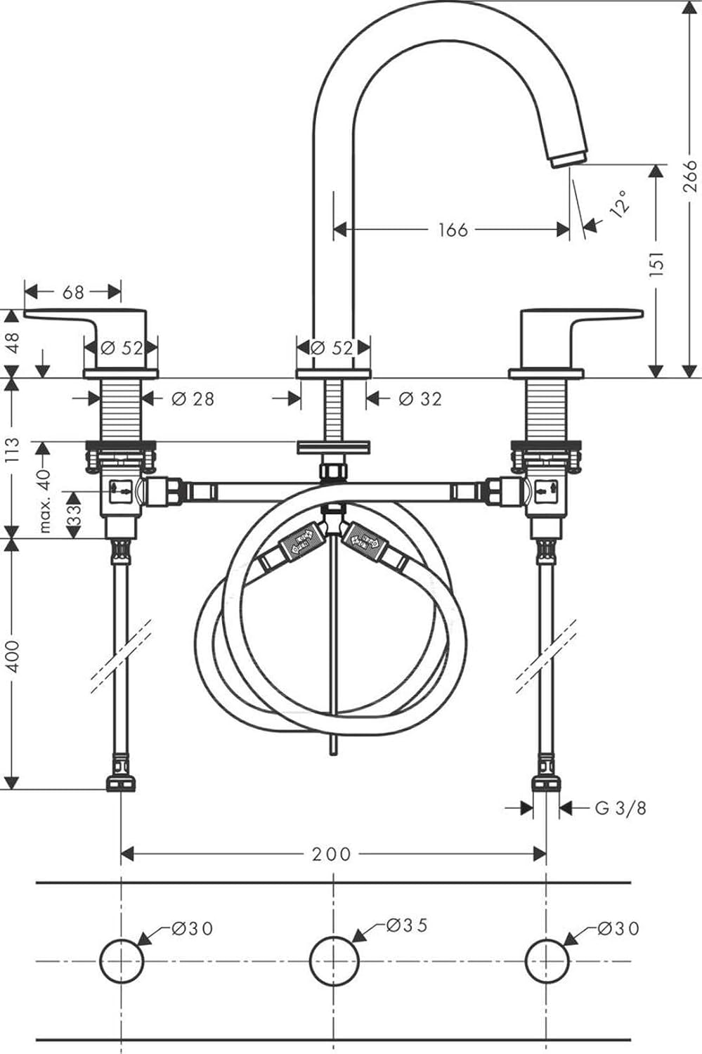 hansgrohe 3-Loch Waschtischarmatur Vernis Shape, Wasserhahn Bad mit Auslauf Höhe 150 mm, mit Zugstan