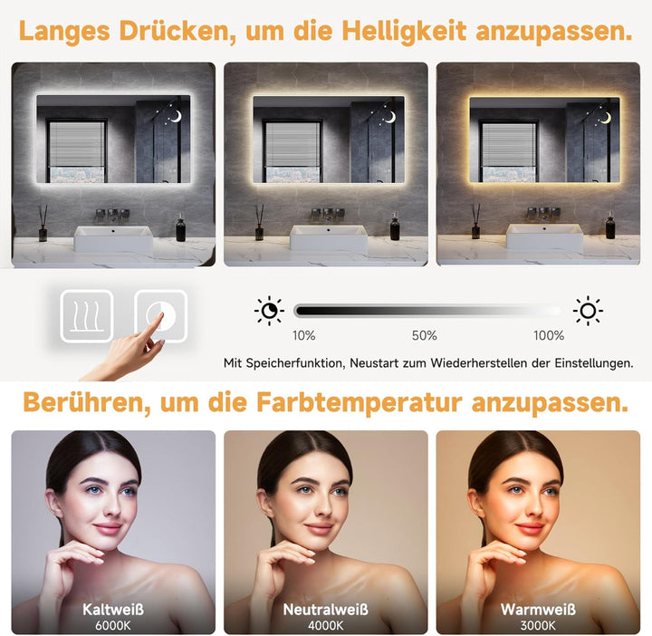 Badezimmer Spiegel mit Beleuchtung, 100x60cm, Wandspiegel, Kosmetikspiegel mit modernes Muster, 3 Fa