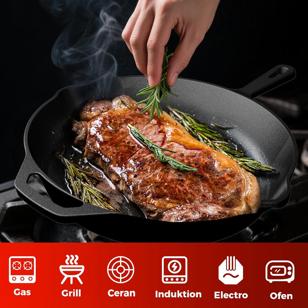 YASHE Gusseisenpfanne 26 CM, flache Bratpfanne für Steak und Fleisch, induktionsgeeignet, ofenfest,