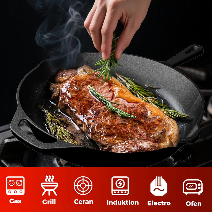 YASHE Gusseisenpfanne 26 CM, flache Bratpfanne für Steak und Fleisch, induktionsgeeignet, ofenfest,