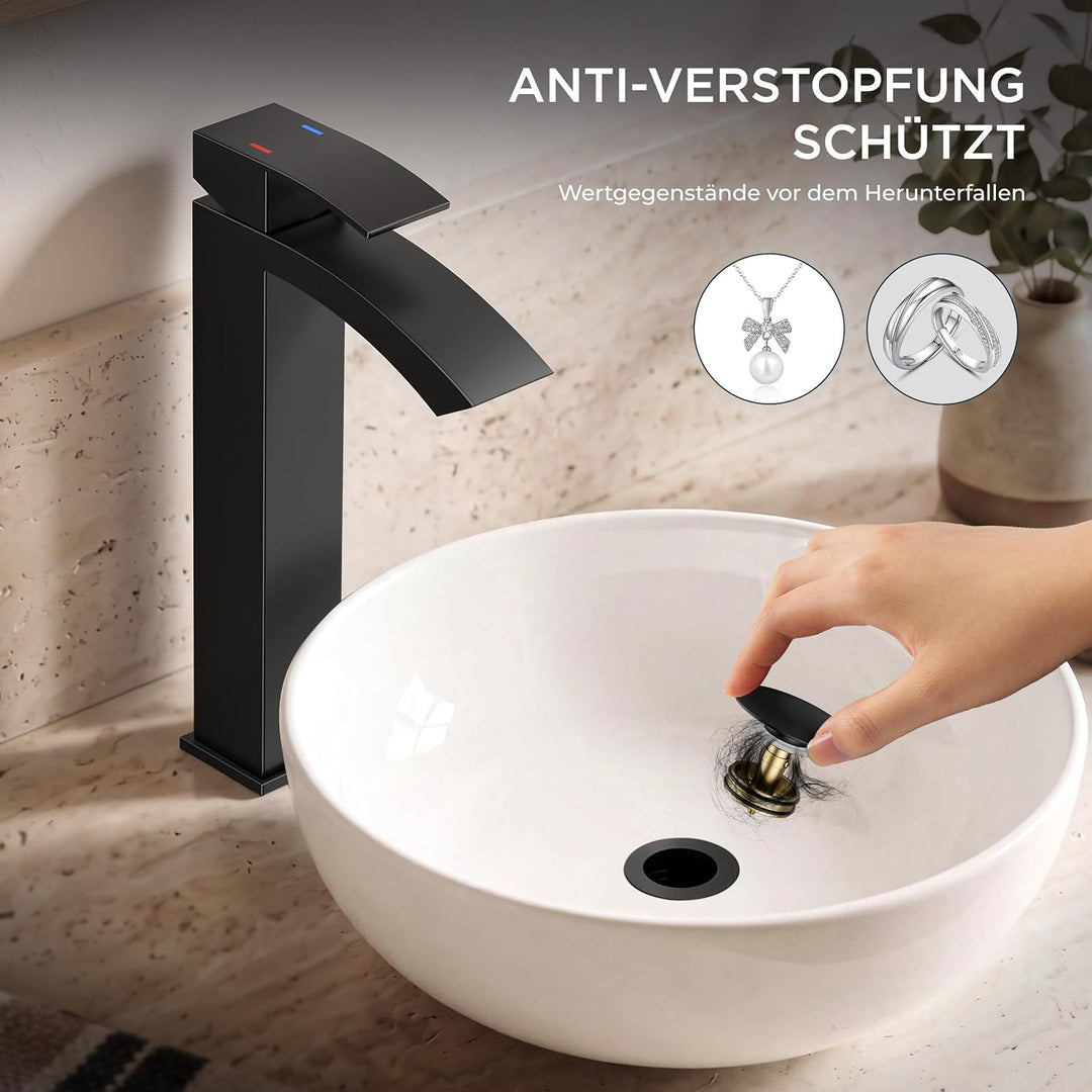 FORIOUS Wasserhahn Bad Schwarz mit Ablaufgarnitur, Wasserfall Waschtischarmatur Hoch mit Auslauf Höh
