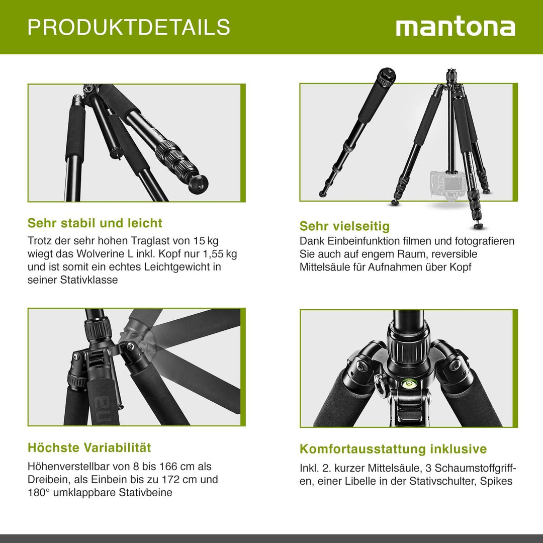 Mantona Wolverine L 284 Kamerastativ Aluminium, Fotostativ bis 15 kg, höhenverstellbar bis 166 cm, S