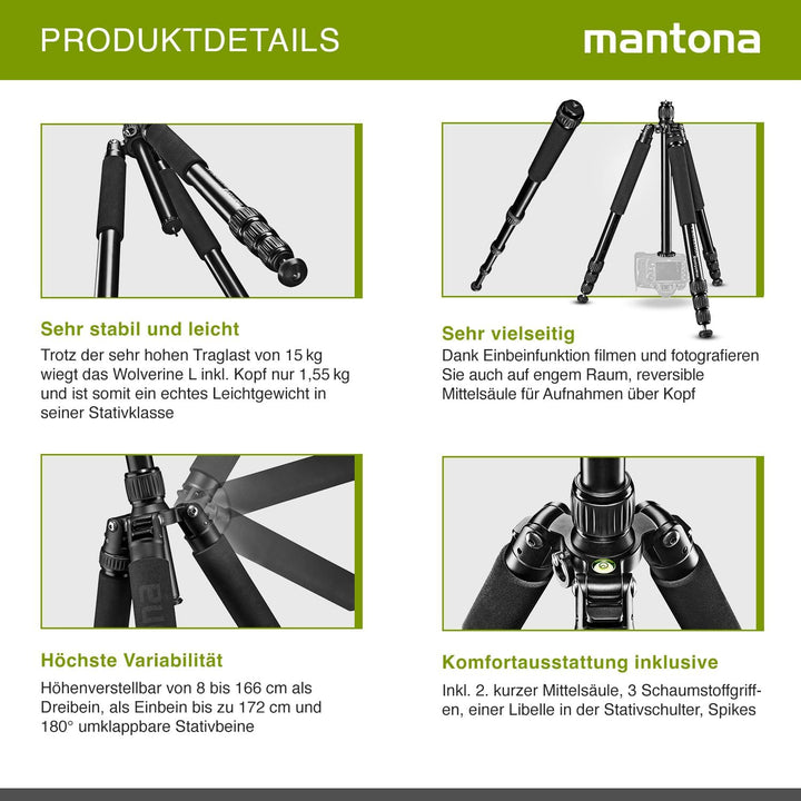 Mantona Wolverine L 284 Kamerastativ Aluminium, Fotostativ bis 15 kg, höhenverstellbar bis 166 cm, S