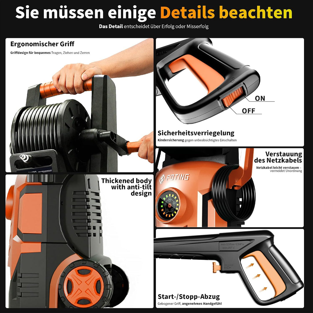 Hochdruckreiniger Touchscreen 8-stufiger 200 bar, 6-in-1-Düse, Einstellbarer Druck: 100-200 bar, För