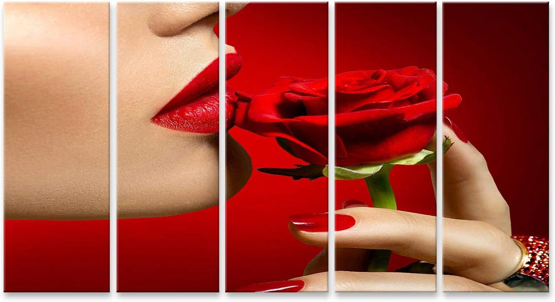 islandburner Bild auf Leinwand Schönes Model Frau Küsst Rote Rose Blume Sexy Lippen Bilder Wandbilde