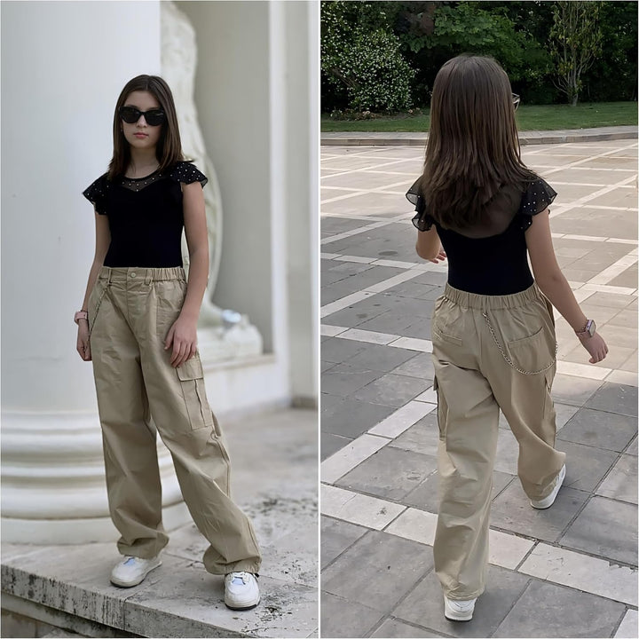 Rolanko Mädchen Cargohose, Baumwoll Baggy Hose mit Elastischer Taille und Mehreren Taschen für Kinde