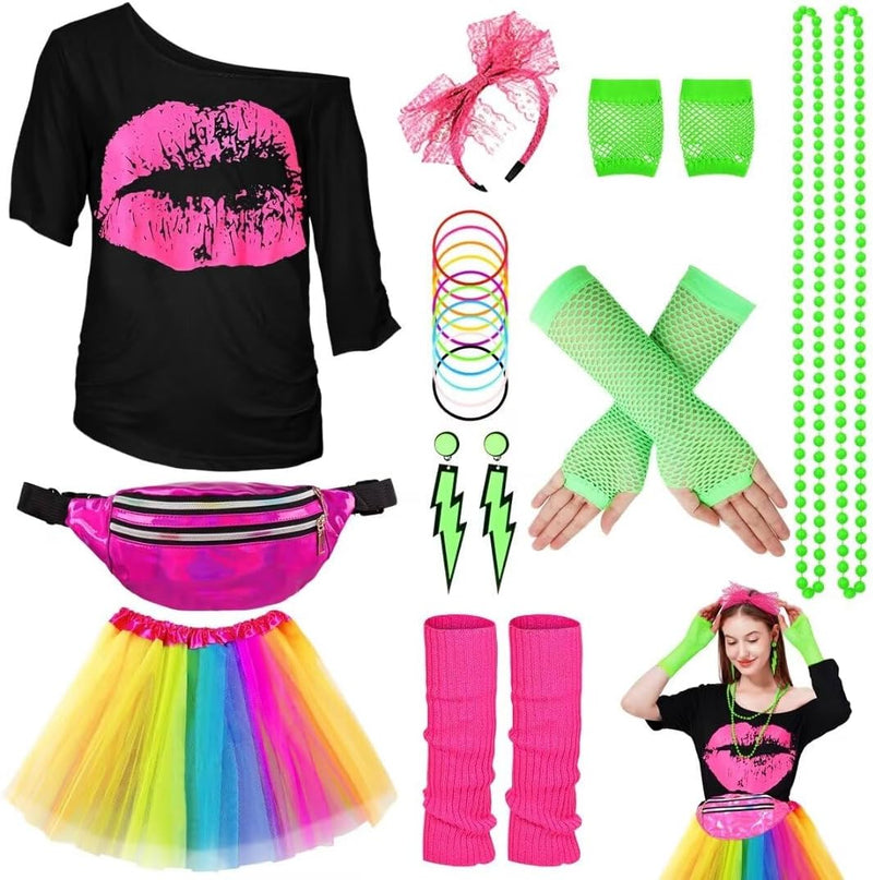 80er Jahre Outfit Damen Set, T-Shirt, Tutu, Gürteltasche, Stirnband, Ohrring, Halskette, Netzhandsch