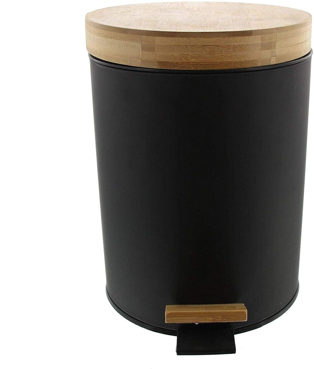 Dekoleidenschaft Treteimer matt-schwarz mit Deckel aus Bambus Holz, Bioeimer, Küchen-Abfalleimer, Ko