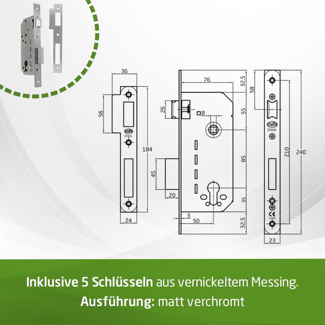 Amig - Einbauschloss Mod.340 mit Sicherheitszylinder und Schlüssel + 5 Schlüssel | für Holztüren | W