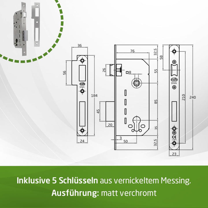 Amig - Einbauschloss Mod.340 mit Sicherheitszylinder und Schlüssel + 5 Schlüssel | für Holztüren | W