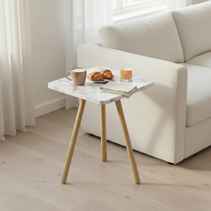 Beistelltisch Creme Marmor Optik 34x45 cm Holzbeine Sofatisch Creme-marmor Quadratisch, Creme-marmor