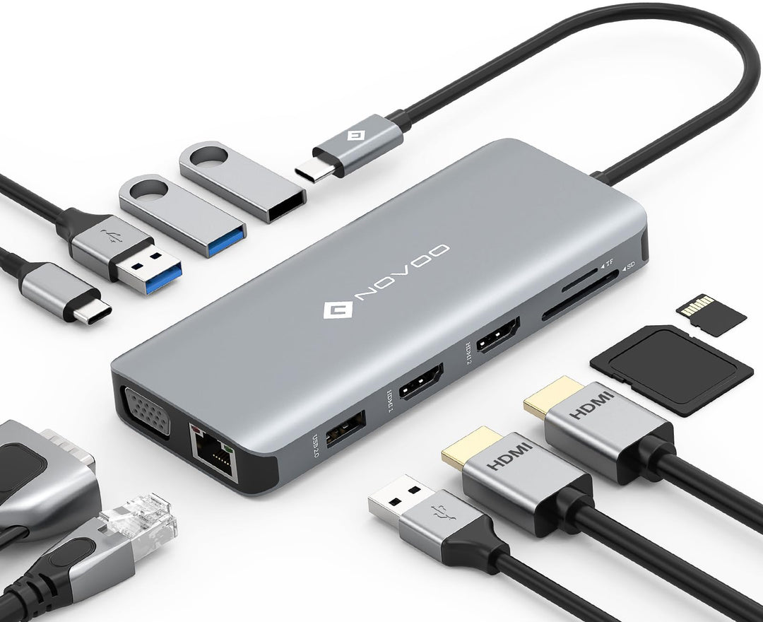 NOVOO USB C Hub mit 2 HDMI-4K, Dockingstation mit 11 Ports Typ C für Laptop, RJ45 Gigabit Ethernet,